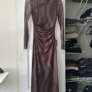 Zara Brown Patterned Long Sleeve long Dress